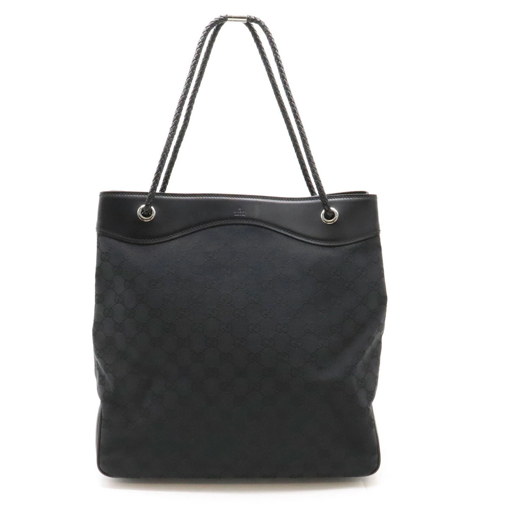 Gucci GG Canvas Tote Bag Shoulder Woven Strap Leather Black